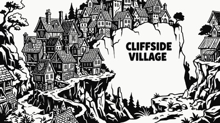 Fototapeta premium cliffside village rural landscape with stacked houses along rocky countryside settlement above coastal road and distant horizon showing traditional community architecture environment