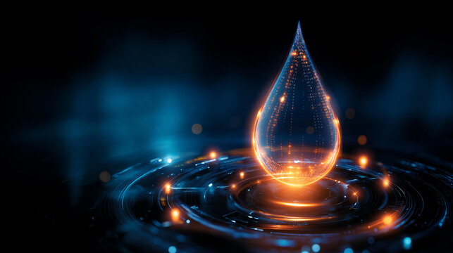 Hydroelectric power concept with glowing energy symbol inside digital water droplet, water-based electricity, sustainable generation, renewable resource visualization, with copy