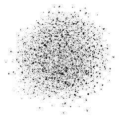 Abstract black ink splatter spray texture with dust particles.