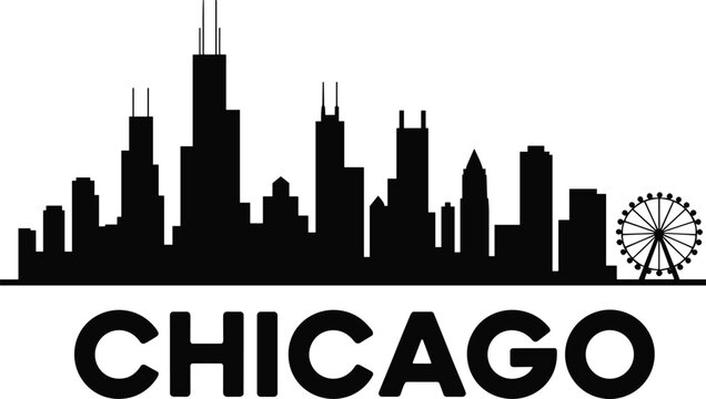 Chicago city skyline silhouette vector illustration with modern skyscrapers and Navy Pier Ferris wheel, bold Chicago text, isolated on white background for travel branding.