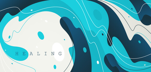 Blue lava shapes flow abstract background, vector wallpaper with liquid shapes flowing in dynamic motion, wavy water curves abstraction.