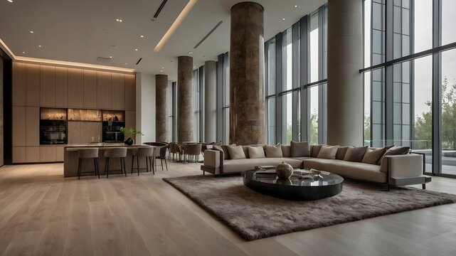 Sal&oacute;n de lujo con techos altos, columnas y ventanales en arquitectura contempor&aacute;nea