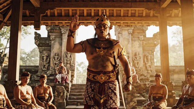 Powerful figure in regal attire addresses seated men in sunlit ancient temple setting