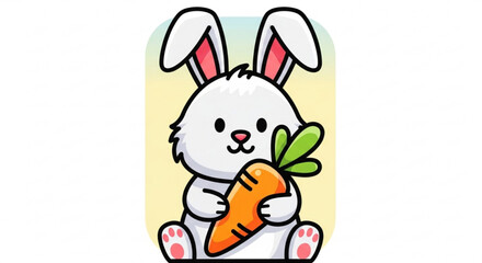 Obraz premium White Cartoon Bunny Holding Carrot, Easter Illustration, Isolated on Yellow Background