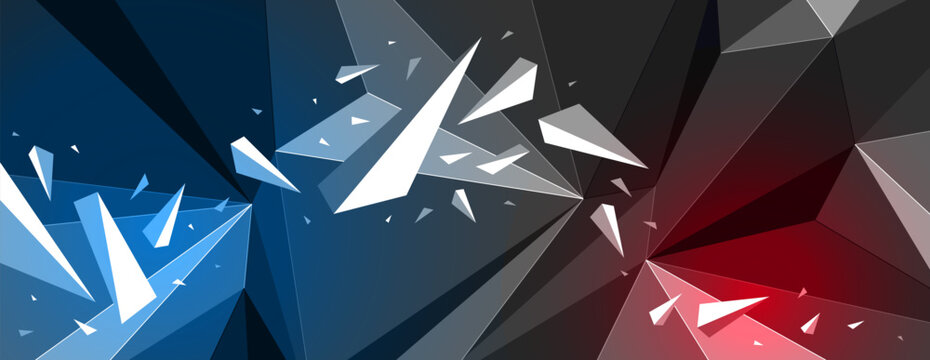 Low poly background with particles debris in motion and color spotlights vector design, 3D dynamic surface with debris explosion, triangular elements flying over polygonal backdrop.