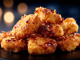 Macro shot of a heap of crispy golden chicken nuggets