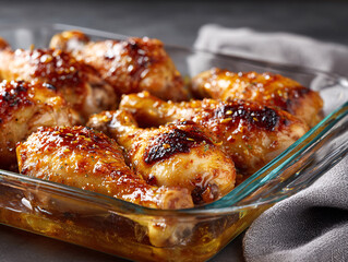Chicken drumsticks baked in a glass ovenproof dish, close-up