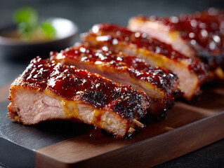 Sliced juicy BBQ pork ribs glazed with thick barbecue sauce