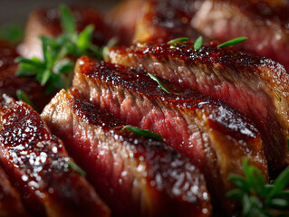 Sliced medium rare ribeye steak in thick diagonal pieces