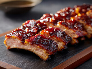 Sliced juicy BBQ pork ribs glazed with thick barbecue sauce
