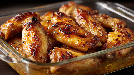 Chicken wings baked in a glass ovenproof dish, close-up