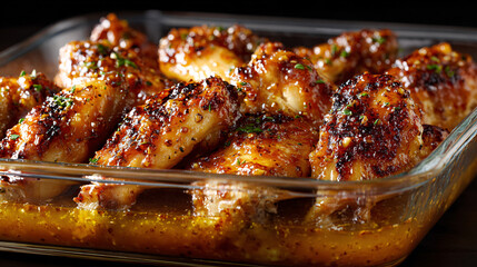 Chicken wings baked in a glass ovenproof dish, close-up