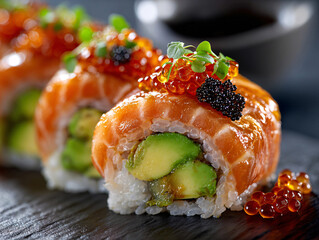 Close-up of salmon, avocado and caviar rolls served on a platter