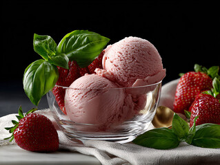Scoops of strawberry ice cream in a bowl, garnished with fresh strawberries and basil leaves