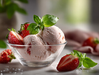 Scoops of strawberry ice cream in a bowl, garnished with fresh strawberries and basil leaves