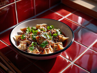 Spicy wontons in chili oil topped with fresh cilantro and sesame seeds