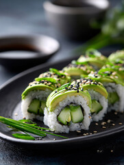 Vegetarian rolls with avocado and herbs, served on a platter