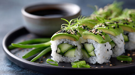 Vegetarian rolls with avocado and herbs, served on a platter
