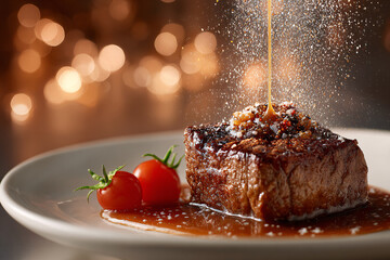 French teppanyaki, steak, melted butter, black pepper, cherry tomato garnish