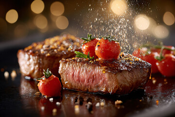 French teppanyaki, steak, melted butter, black pepper, cherry tomato garnish