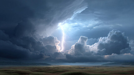 Night landscape with storm clouds and lightning, bad weather