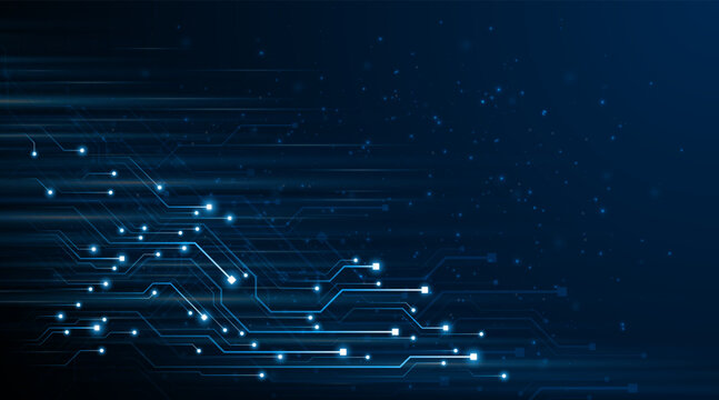 Blue glowing lines with glitter light effect on dark background. High speed internet technology concept or fast wireless data transmission. modern internet network connection technology background