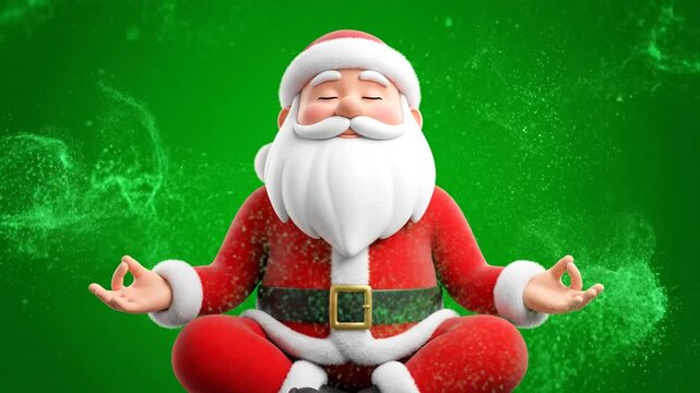 A serene Santa Claus meditating in a lotus position against a vibrant green background with swirling mist.