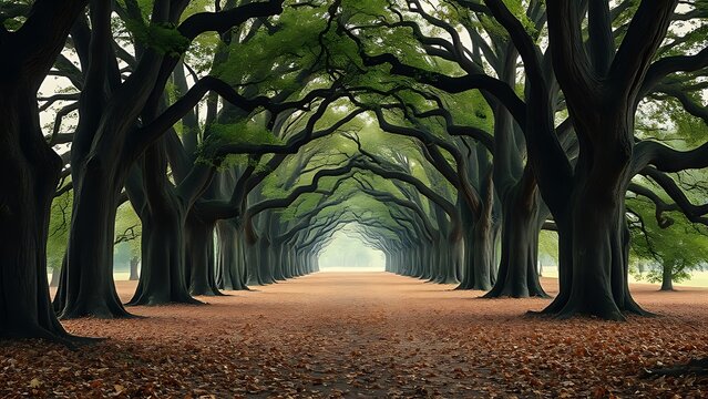 Avenue of ancient oak trees with a carpet of fallen leaves, dappled sunlight filtering through the canopy. travel magazines, destination branding, designed for travel destination branding.