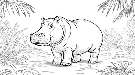 Black and white hippo in jungle background for coloring