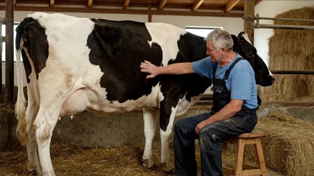 An older man milking a black and white cow on a stool in a rustic barn with hay bales and wooden beams.
