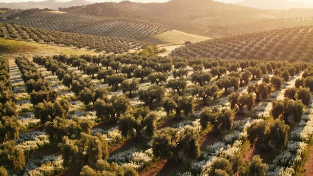aerial view dolly out of olive tree rows on misty farmland in alentejo portugal video