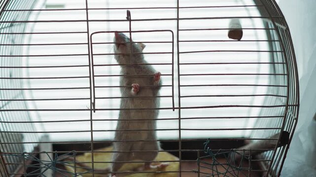 Close up of rat standing upright inside metal cage with paws gripping bars and nose pushing against lock, appearing to explore or attempt escape in confined space