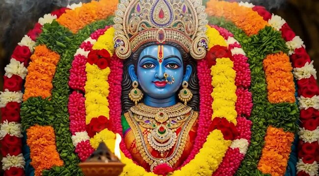Statue of Hindu god Lord Krishna with diya lamp and flowers. Hindu Puja. Festival Vishu celebration. Template with copy space for holiday Ugadi, Gudi Padwa, Diwali