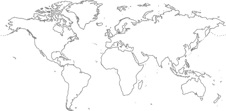Global map illustration featuring continents and oceans in a simple line art style viewed from a direct overhead perspective