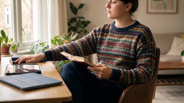 Woman reading book indoors near window natural light lifestyle
