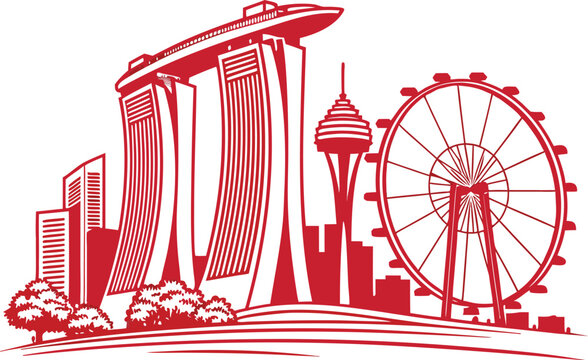 Singapore City Skyline Illustration. Marina Bay Sands Landmark Design. Singapore Urban Cityscape View. Iconic Singapore Skyline Concept. Singapore Travel Destination Illustration. Modern Singapore