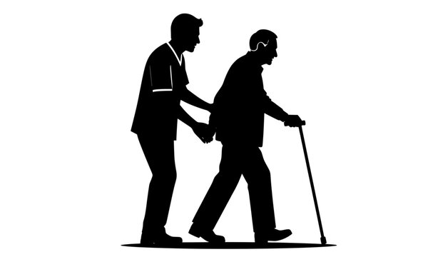 Caregiver helping elderly person walking with cane silhouette, young assistant supporting senior citizen for healthcare and home care assistance concept illustration