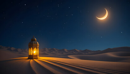 Obraz premium Glowing Ramadan Lantern in Desert Under Crescent Moon