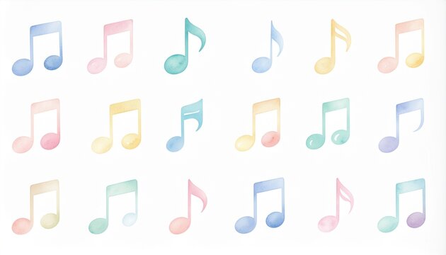 A collection of pastel musical notes arranged in a grid pattern on a clean white background viewed from directly above