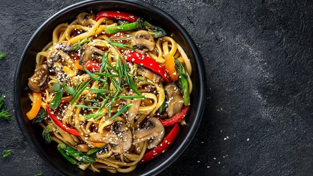 Vegan stir fry egg noodles with vegetables, mushrooms and sesame seeds, paprika garnish, top view bowl on black table background with copy space
