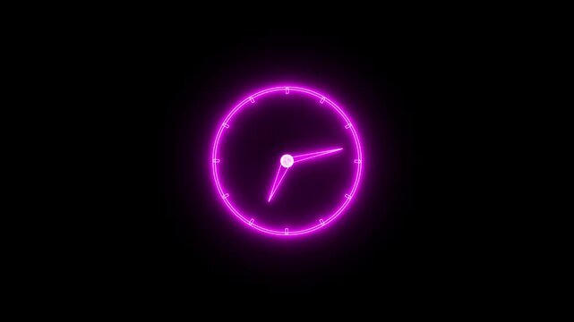 Glowing neon clock icon animation isolated on black background,circle analong watch icon on black backgrouynd,