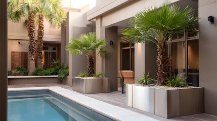 Fototapeta premium Modern poolside oasis with palm trees and sleek planters