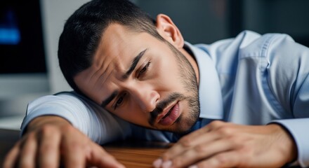 Obraz premium tired man resting head on desk, overwhelmed with work