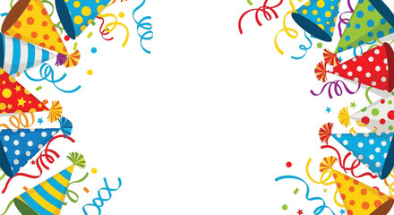 Obraz premium Celebratory scene with party hats and confetti bordering a central empty space from a direct viewpoint
