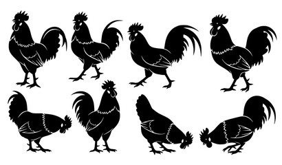 Rooster silhouettes vector set in various poses isolated transparent © ema