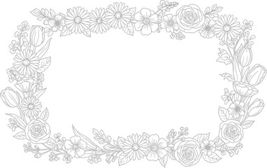 An intricate floral wreath illustration featuring roses, daisies, and leaves, circular frame, vector graphics, elegant design, detailed artwork