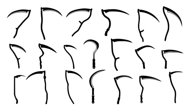 Stylized scythe silhouettes black vector set transparent background