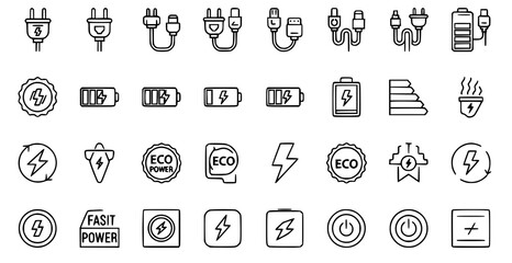 Electric charging and battery linear icon pack isolated on white background for tech UI