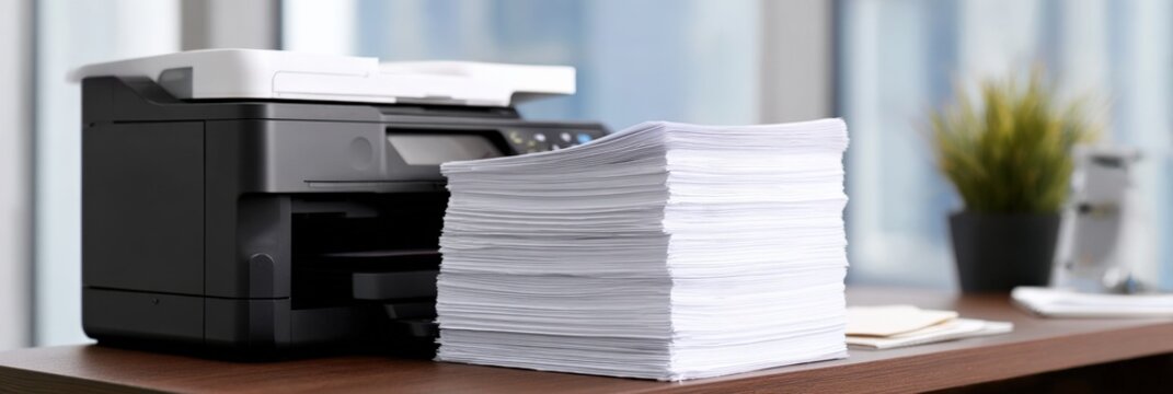Office printer with large stack of papers on desk