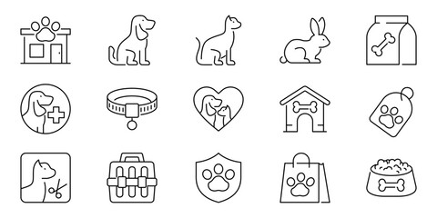 Fototapeta premium Set of veterinary clinic and pet care icons, including animals, food, and grooming symbols